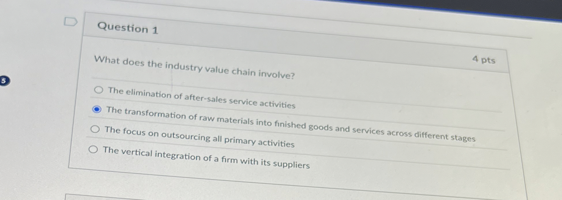  Question 1 4 pts What does the industry value chain involve?