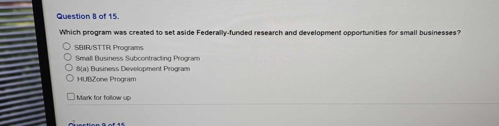  Question 8 of 15. Which program was created to set aside