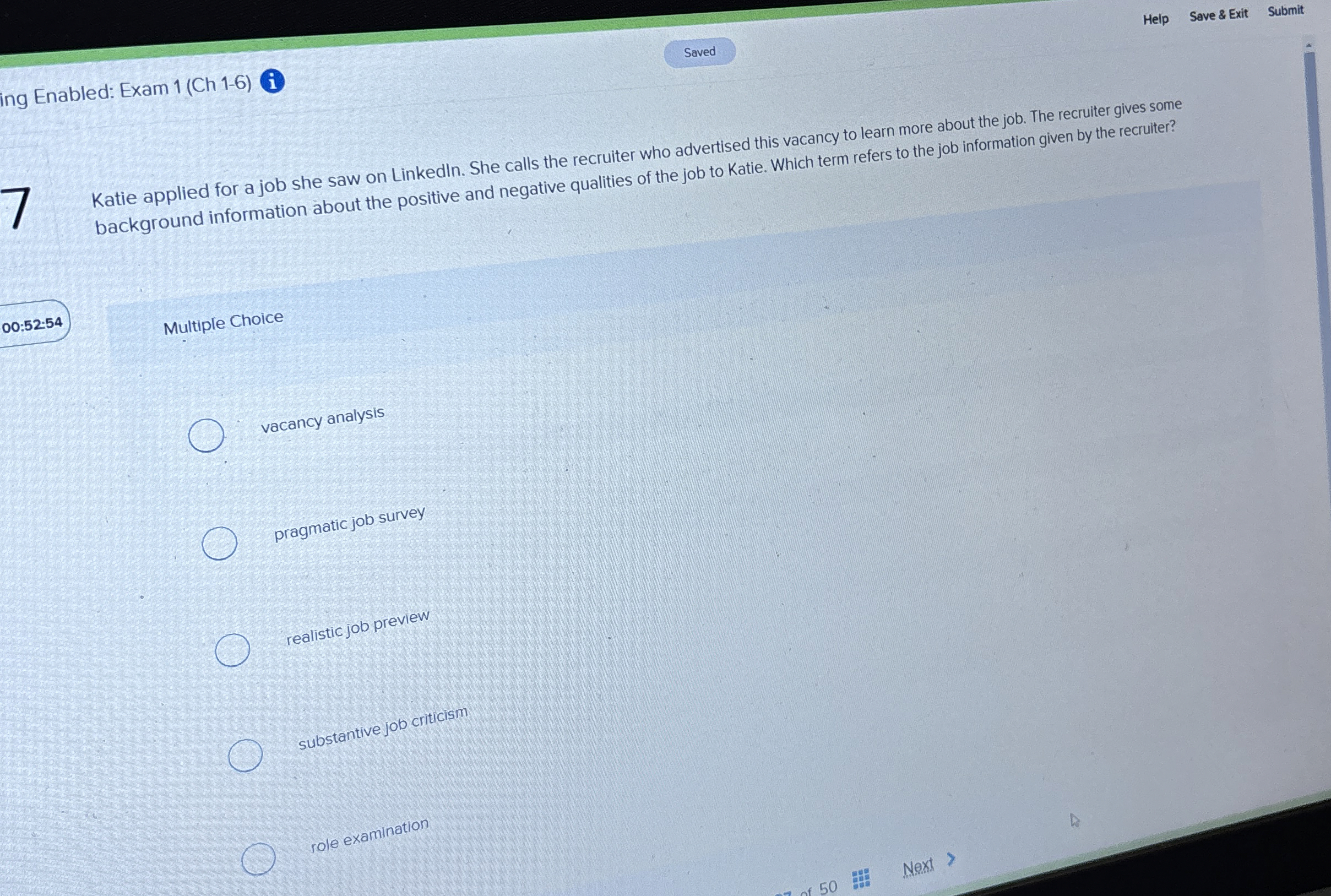  Help Save & Exit Submit ing Enabled: Exam 1(Ch 1-6)1 Katie
