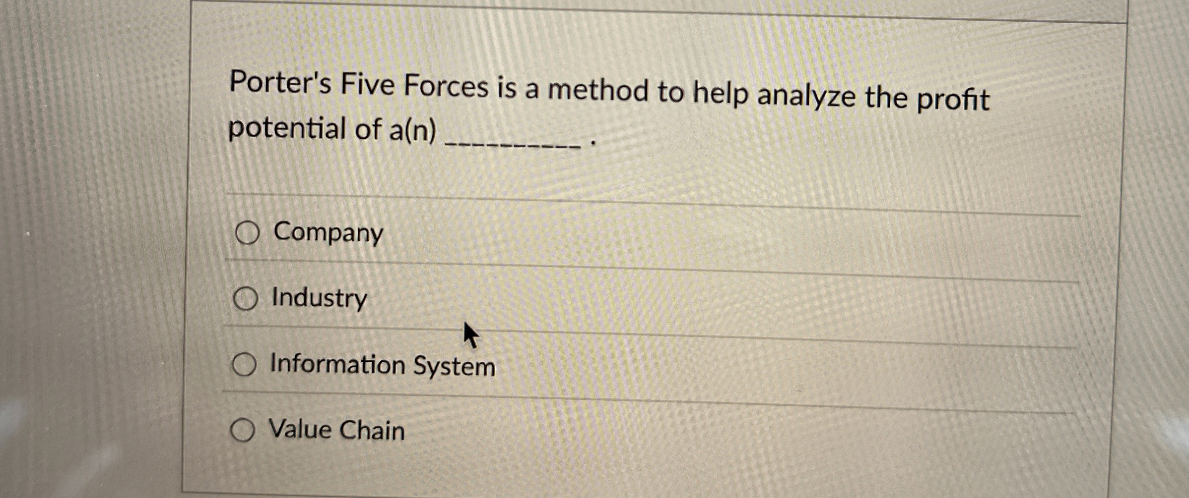 Porter's Five Forces is a method to help analyze the profit