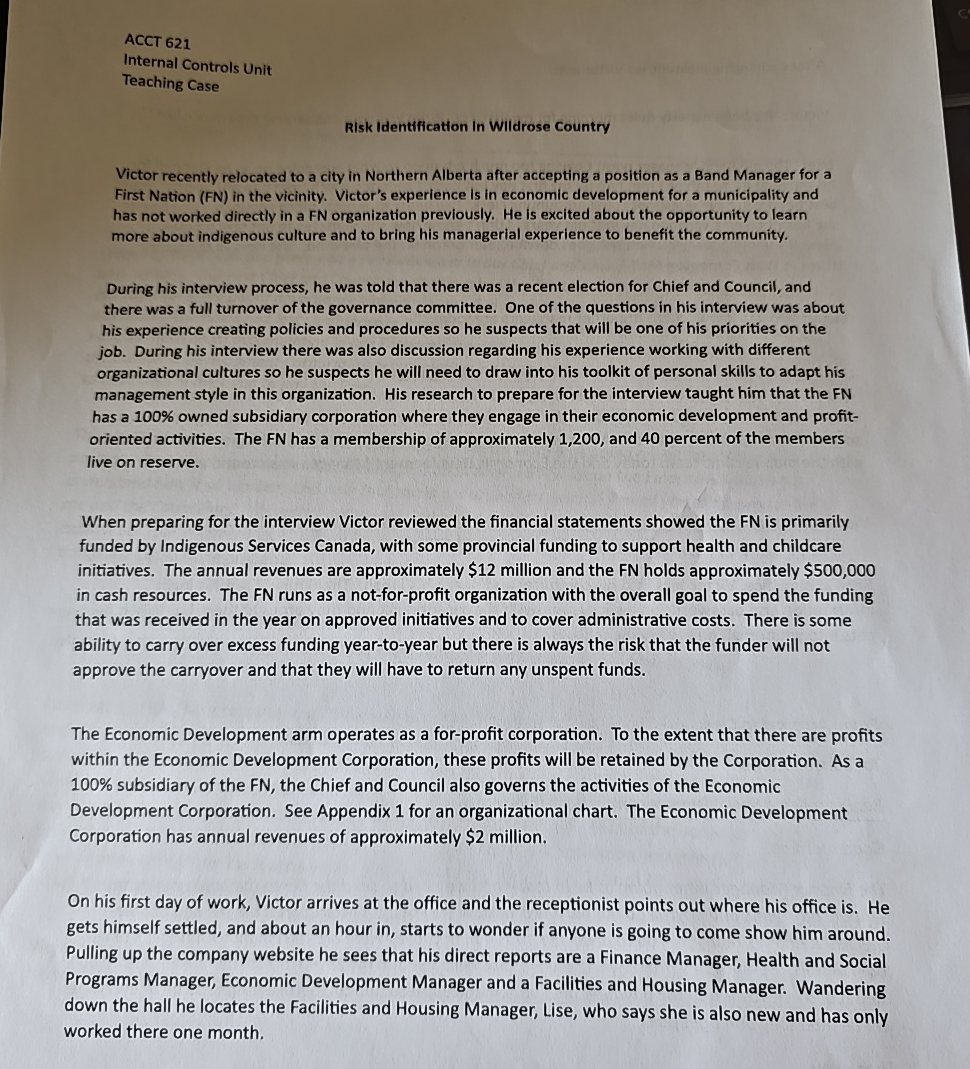  ACCT 621 Internal Controls Unit Teaching Case RIsk Identification In Wildrose