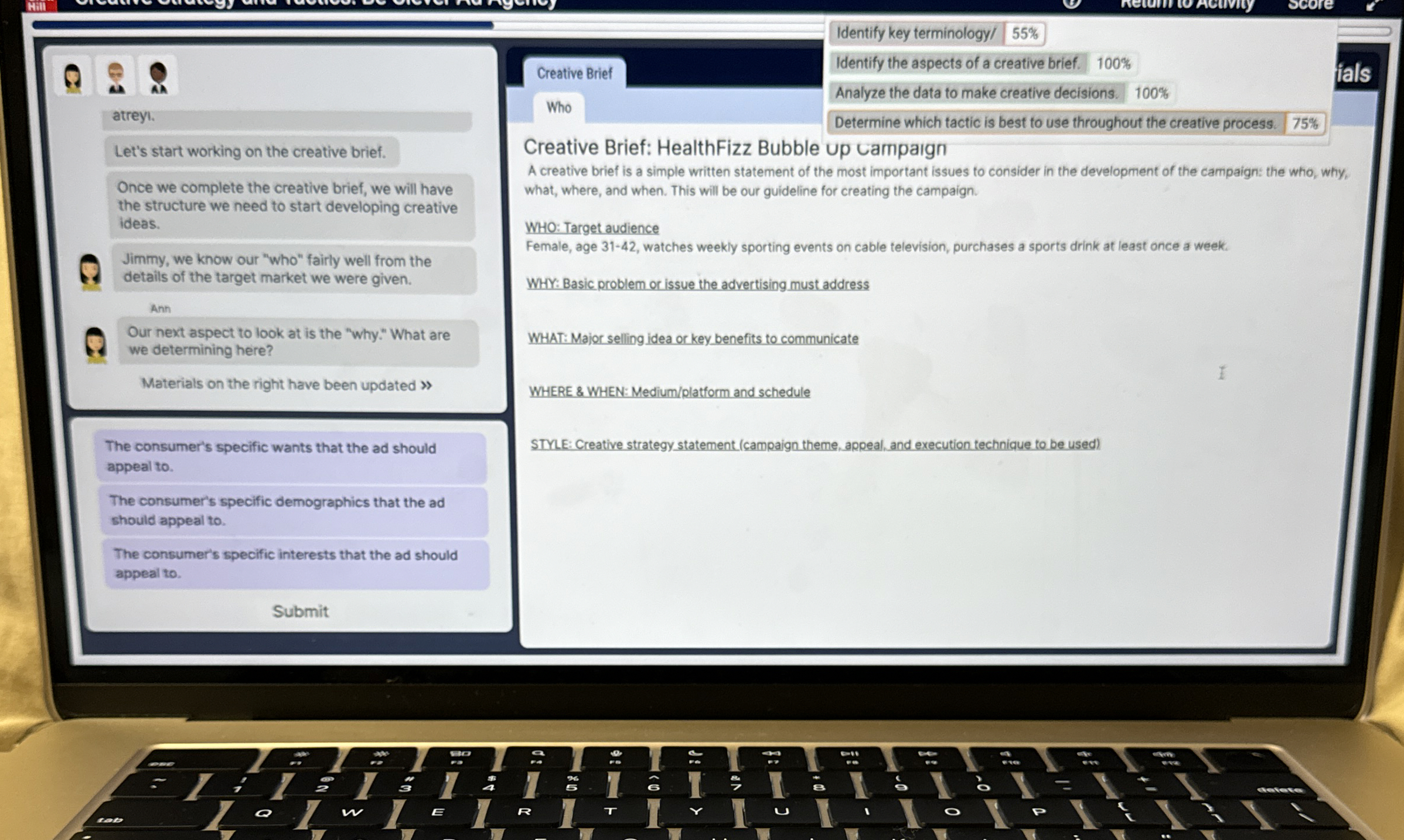  Creative Brief Identify key terminology/ 55% atrey. Let's start working on