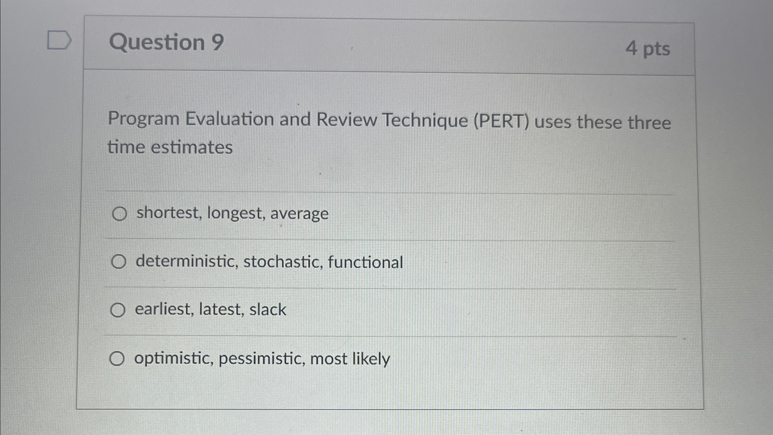  Question 9 4 pts Program Evaluation and Review Technique (PERT) uses