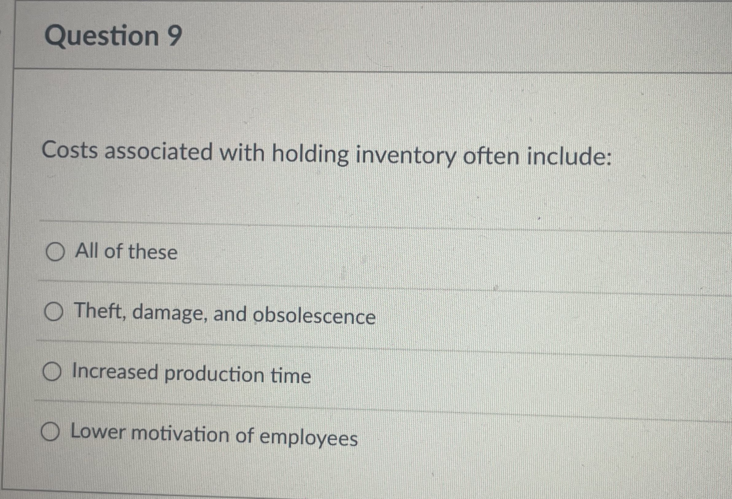  Question 9 Costs associated with holding inventory often include: All of