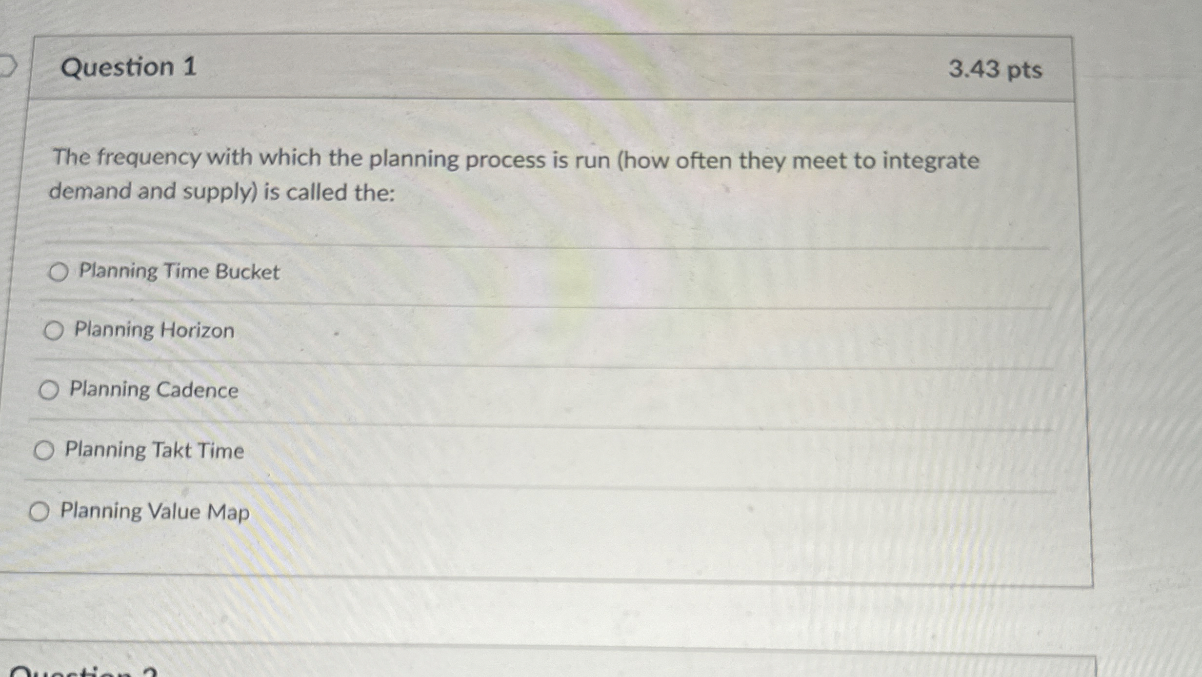  Question 1 3.43 pts The frequency with which the planning process