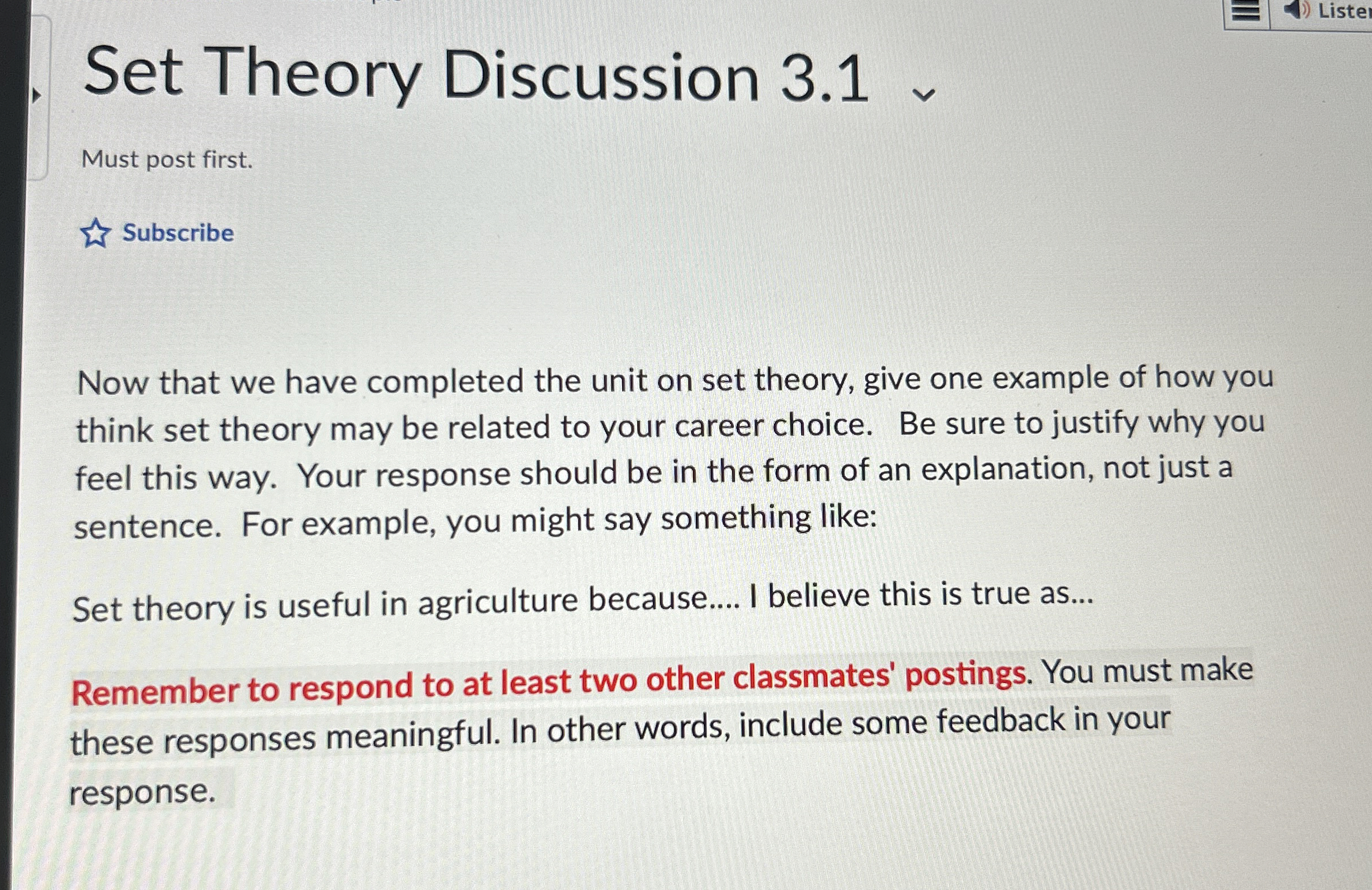 Set Theory Discussion 3.1 Must post first. Subscribe Now that we