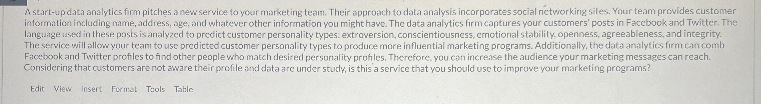  A start-up data analytics firm pitches a new service to your