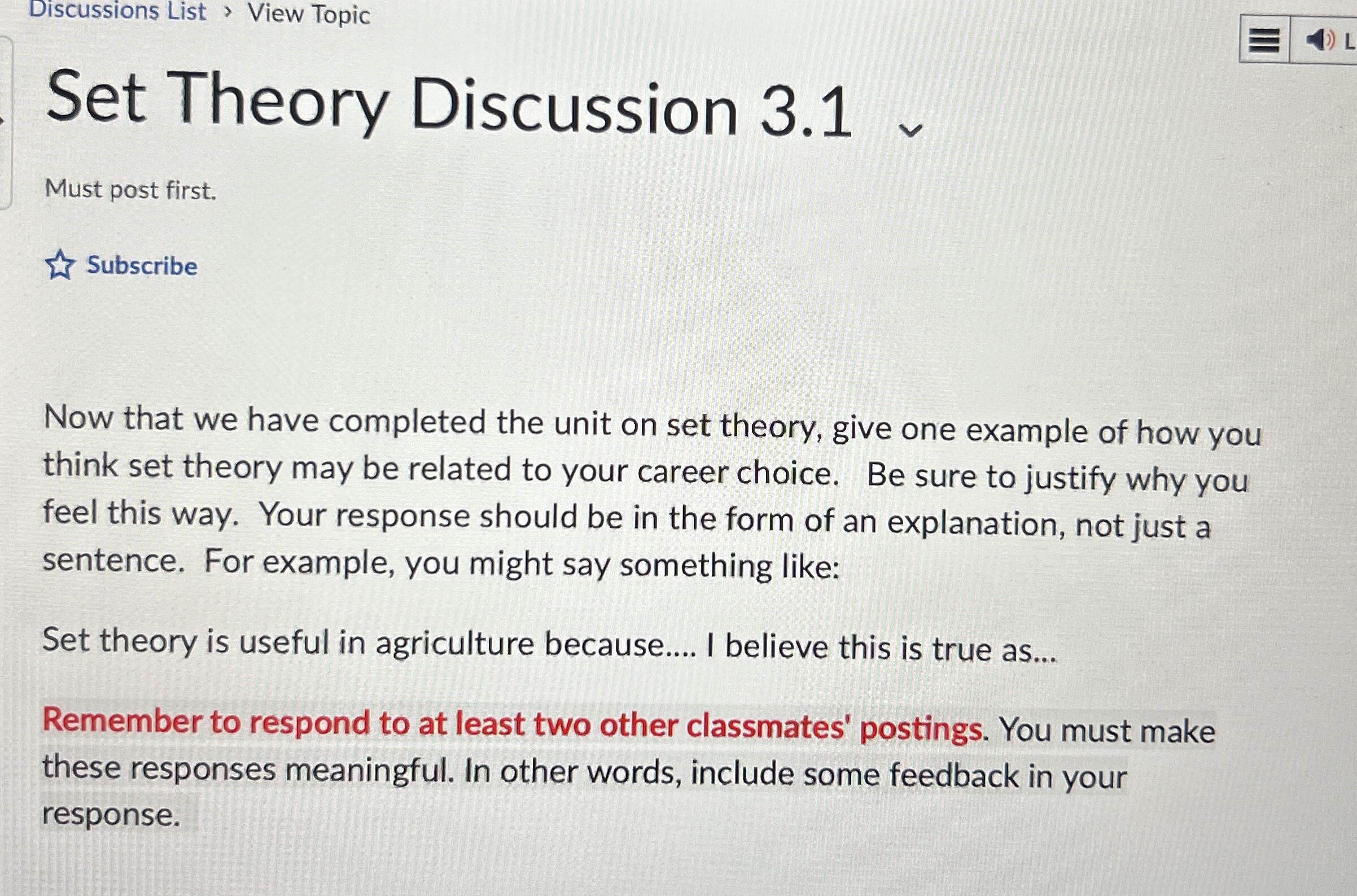 Set Theory Discussion 3.1 Must post first. Subscribe Now that we