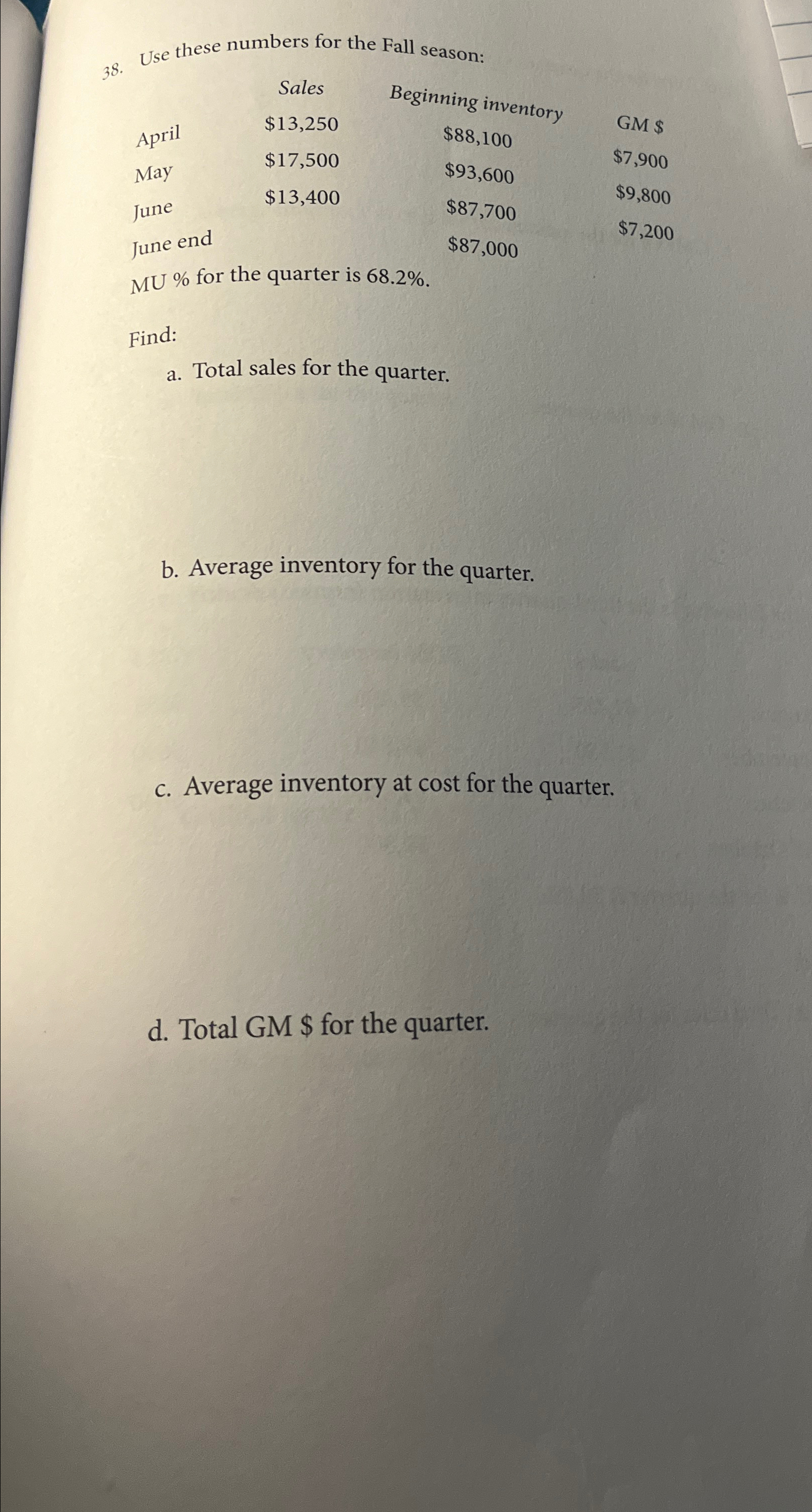  Use these numbers for the Fall season: \table[[,Sales,Beginning inventory,],[,$13,250,$88,100,$7 