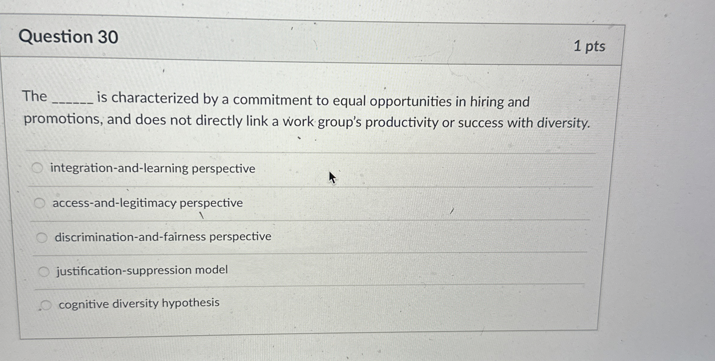  Question 30 1 pts The is characterized by a commitment to