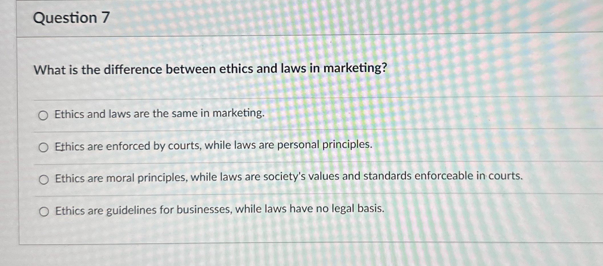  Question 7 What is the difference between ethics and laws in
