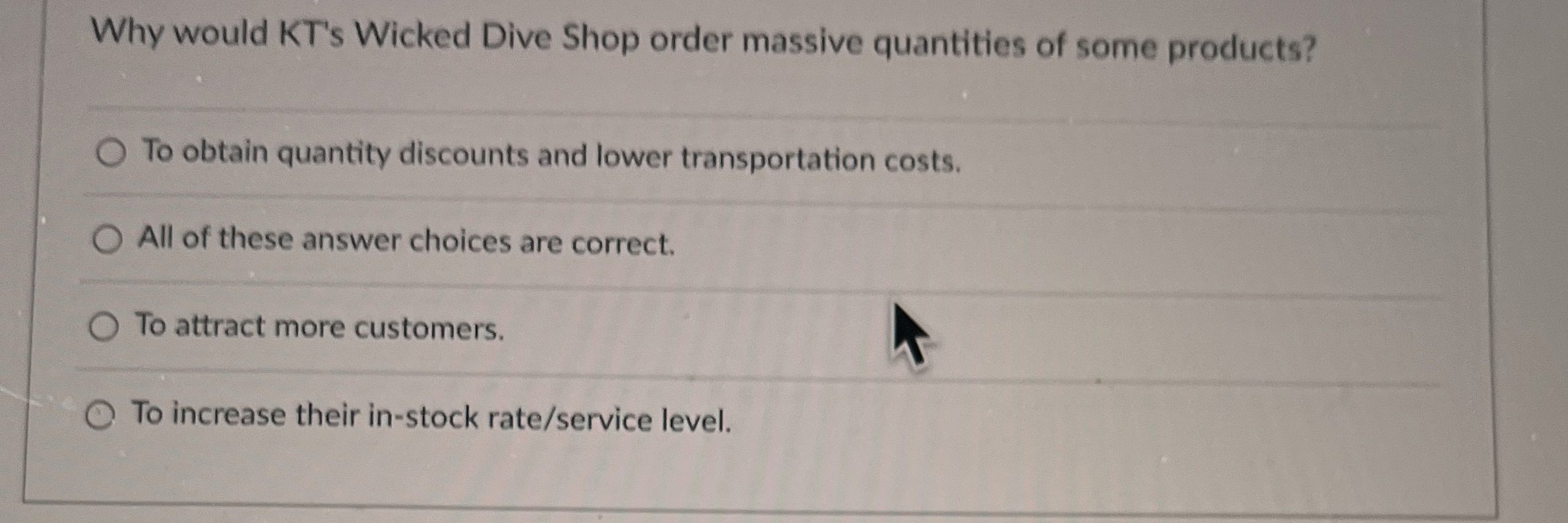  Why would KT's Wicked Dive Shop order massive quantities of some