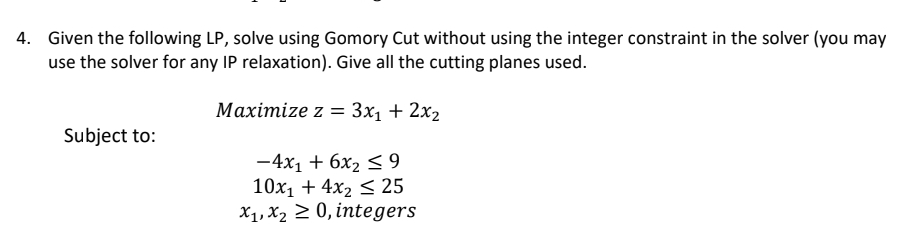  Given the following LP, solve using Gomory Cut without using the