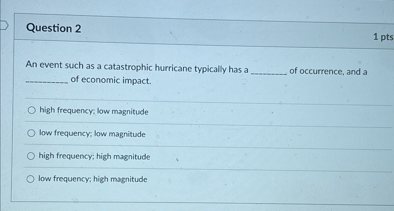  Question 2 An event such as a catastrophic hurricane typically has