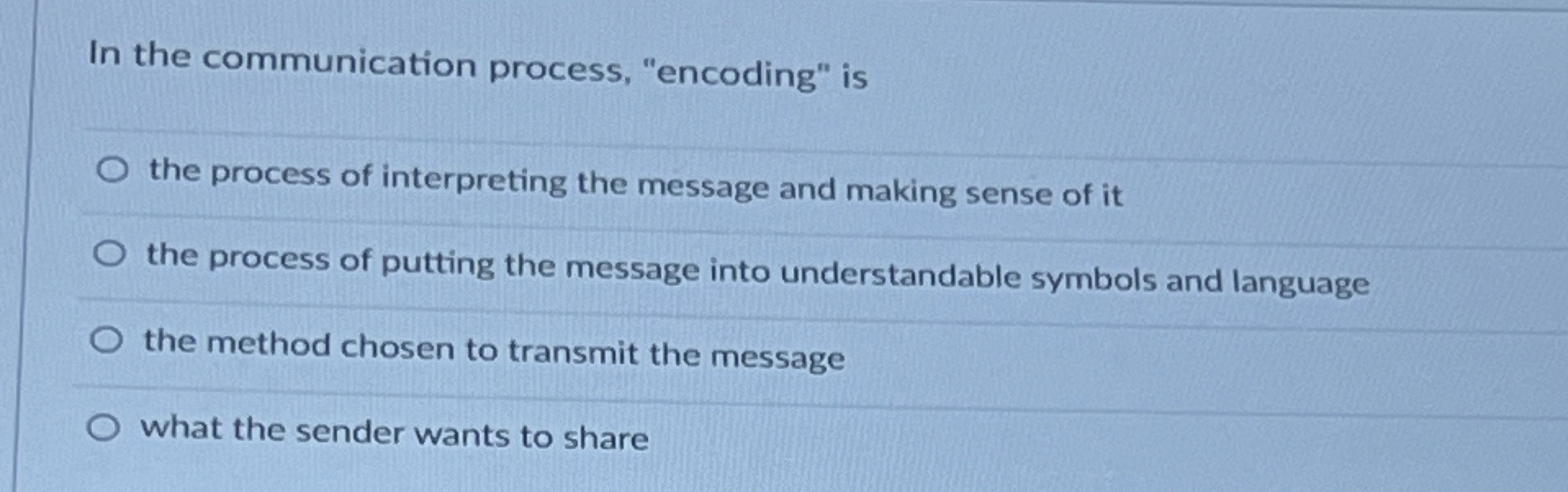  In the communication process, "encoding" is the process of interpreting the