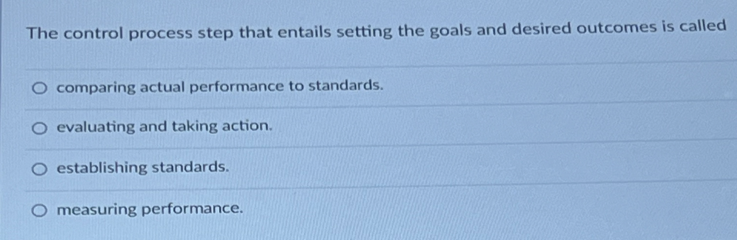  The control process step that entails setting the goals and desired