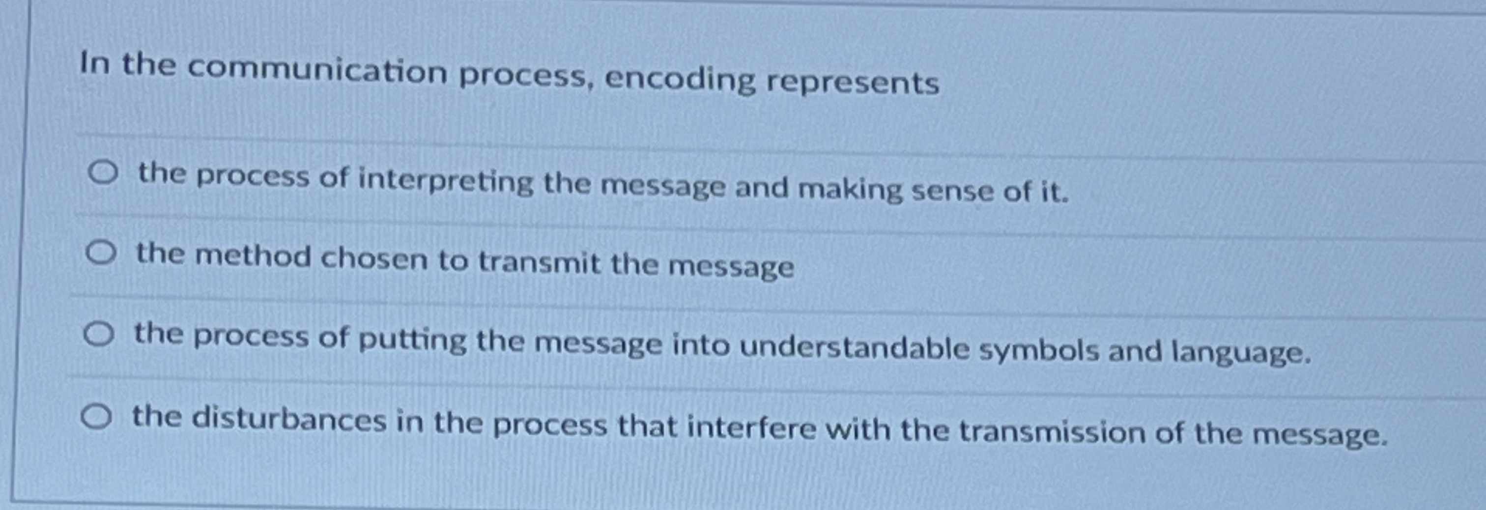  In the communication process, encoding represents the process of interpreting the