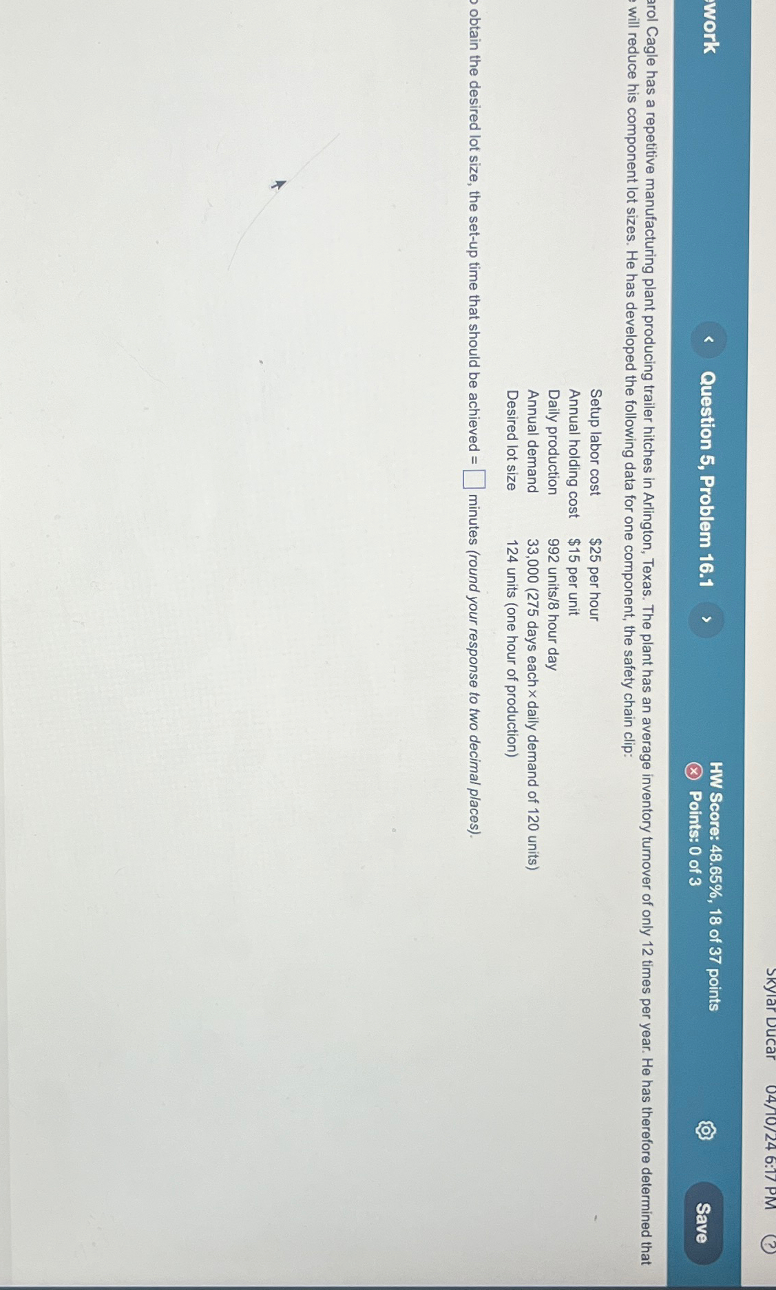  Question 5, Problem 16.1 HW Score: 48.65%,18 of 37 points Points: