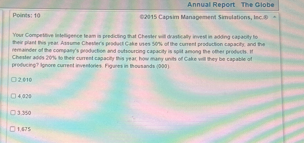  Annual Report The Globe Points: 10 (92015 Capsim Management Simulations, Inc.