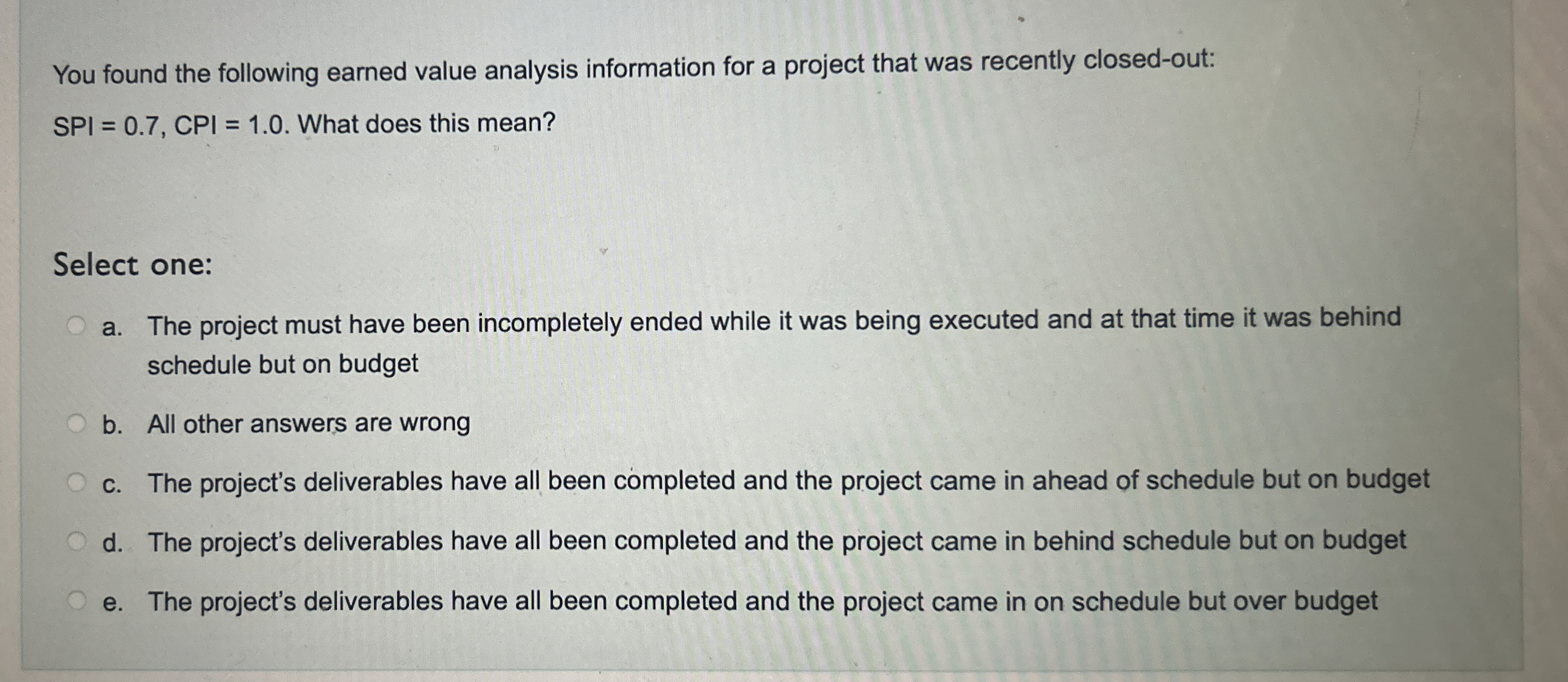  You found the following earned value analysis information for a project