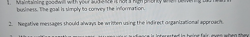  2. Negative messages should always be written using the indirect organizational