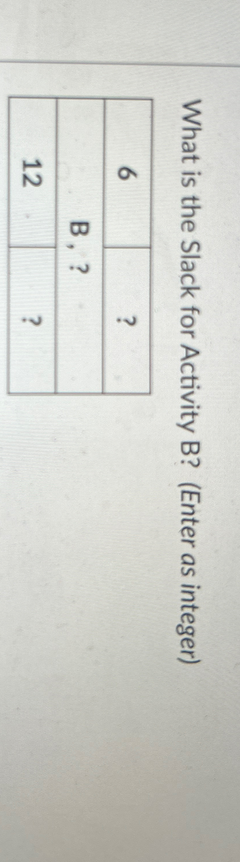  What is the Slack for Activity B?(Enter as integer) \table[[6,? 