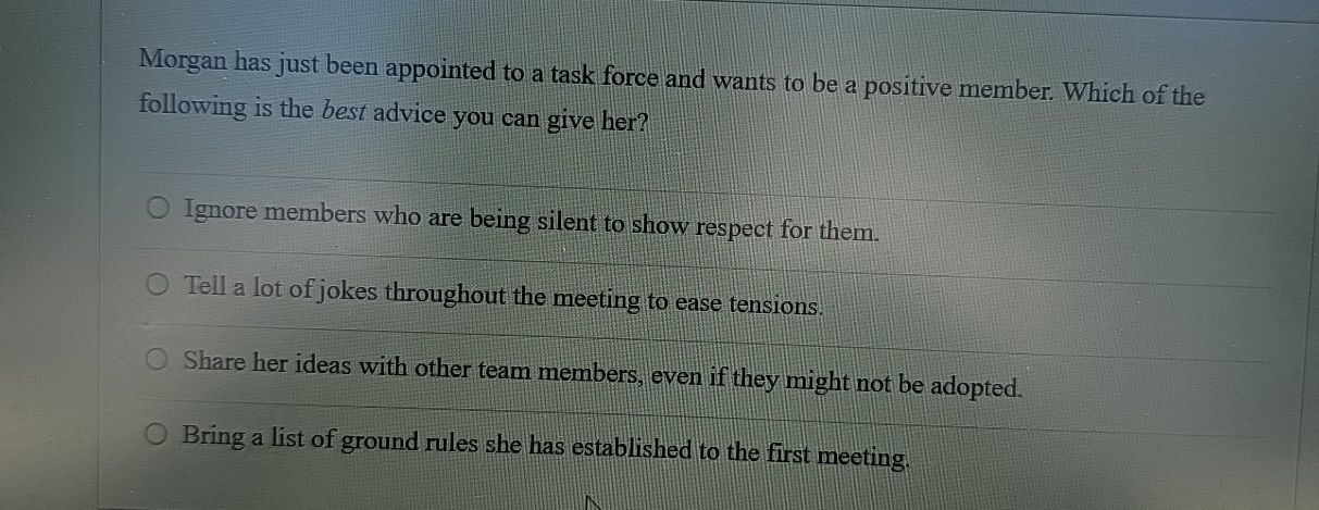  Morgan has just been appointed to a task force and wants