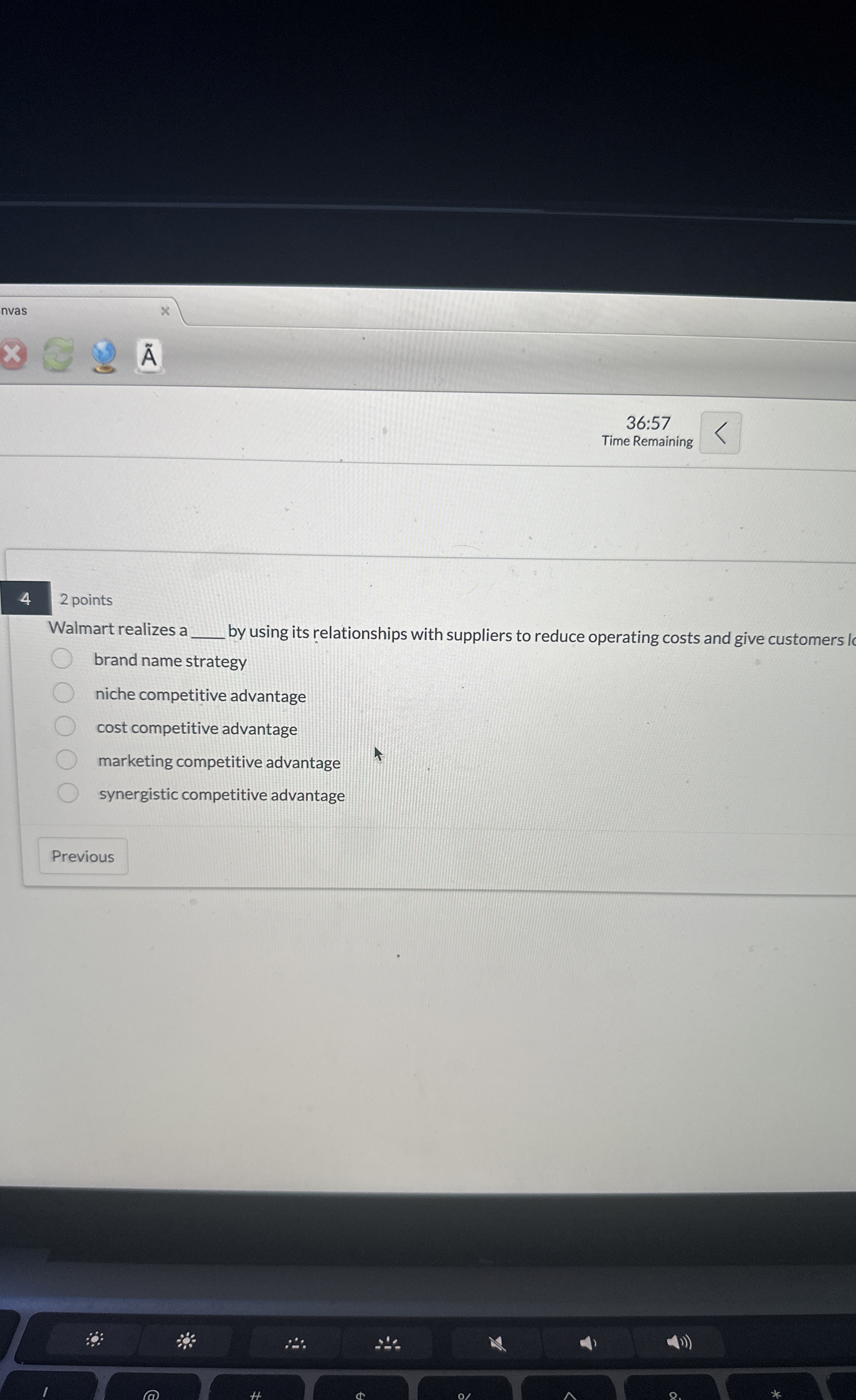  nvas A 36:57 Time Remaining 4 2 points Walmart realizes a