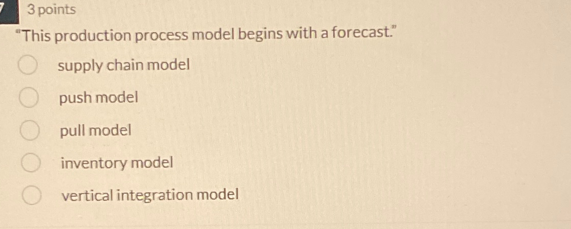  3 points "This production process model begins with a forecast." supply