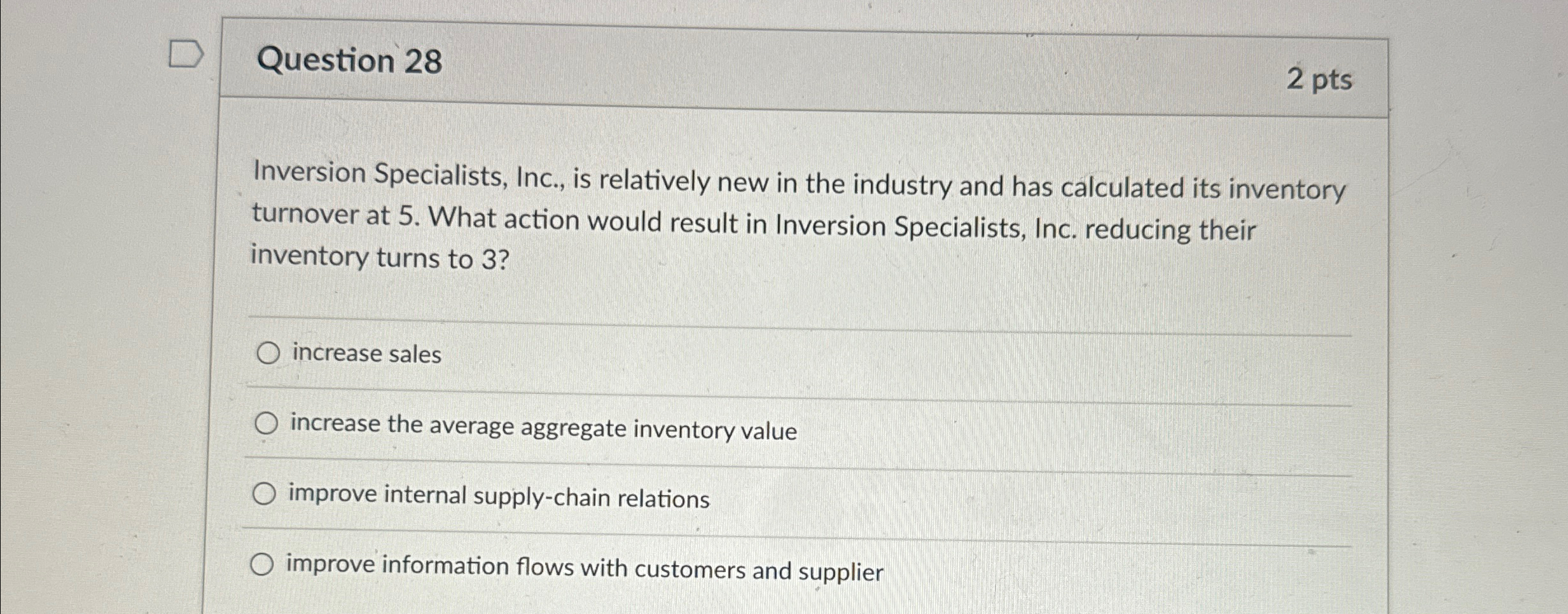  Question 28 2 pts Inversion Specialists, Inc., is relatively new in