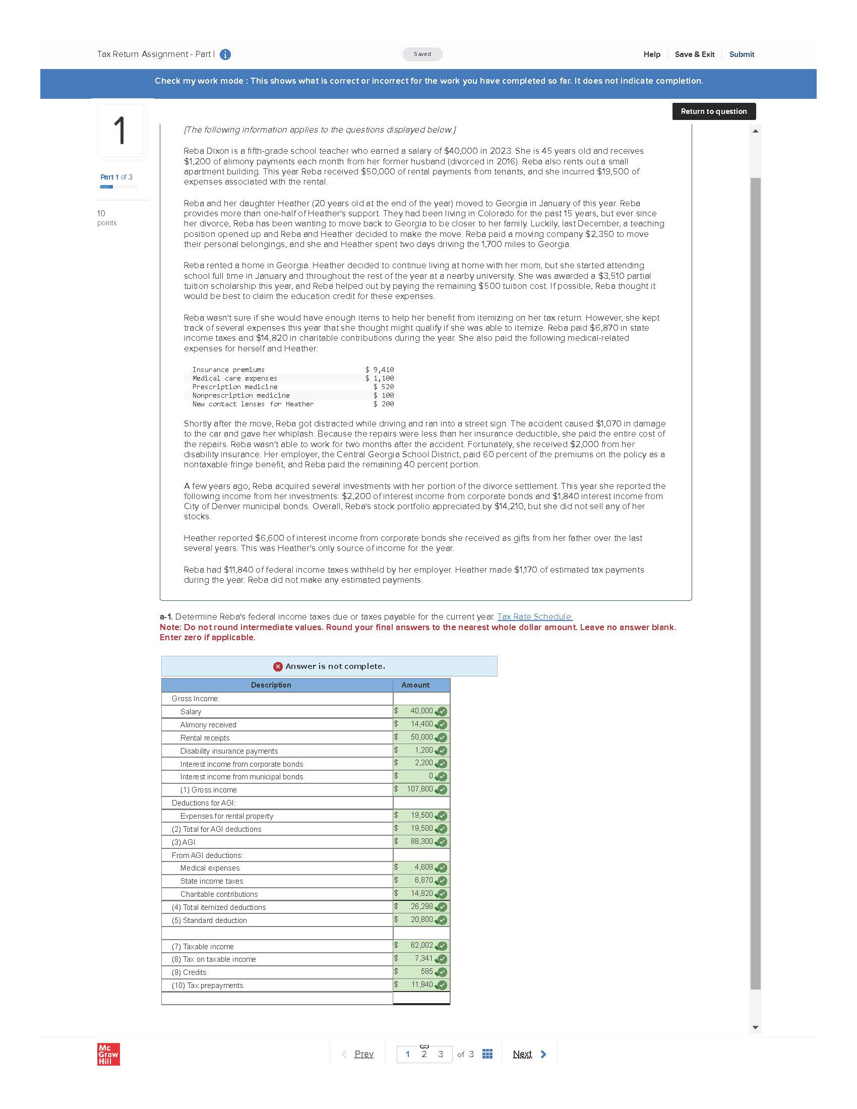  Tax Return Assignment - Part ! i Saved Help Save &