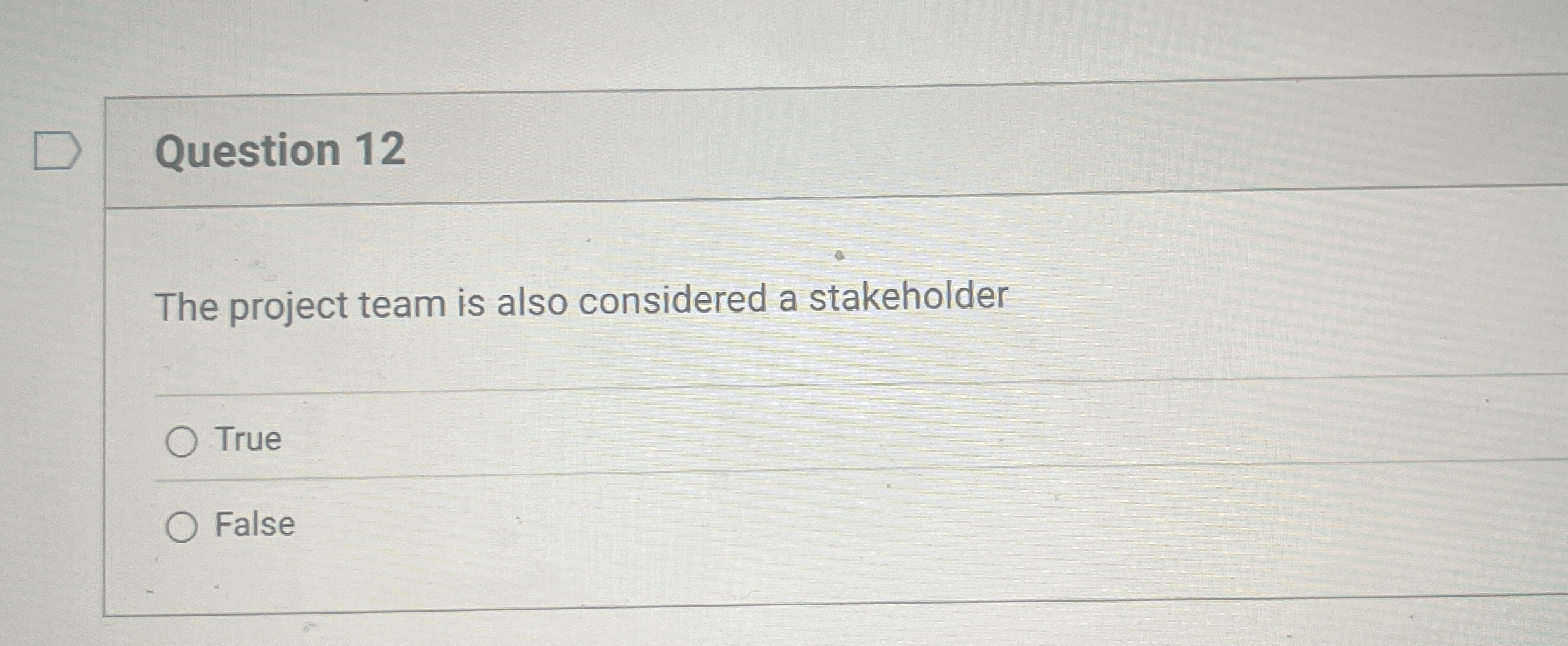  Question 12 The project team is also considered a stakeholder True