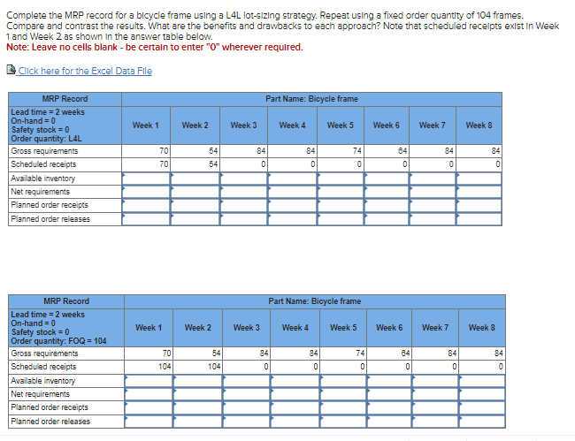  Complete the MRP record for a blcycle frame using a L4L
