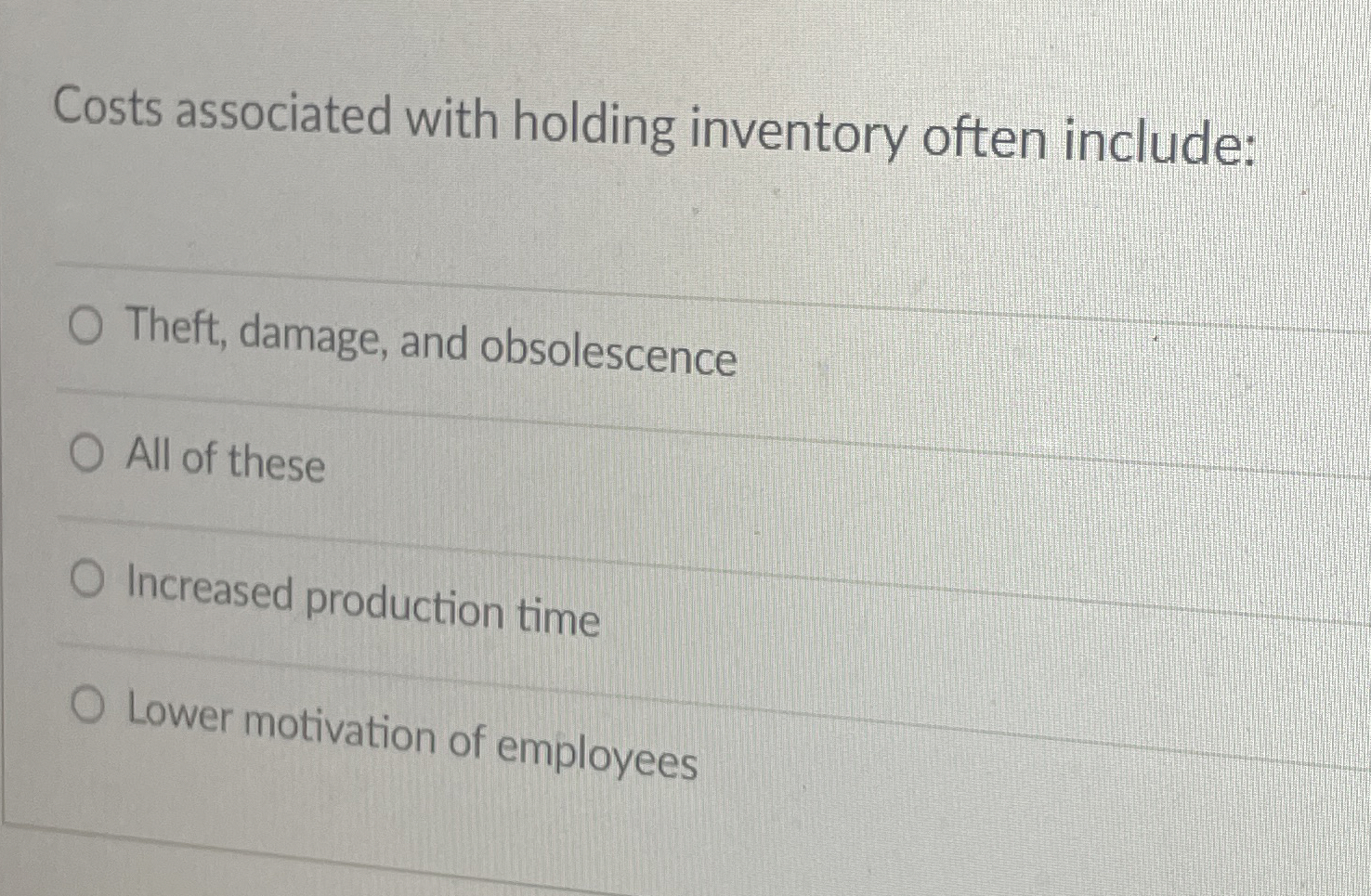  Costs associated with holding inventory often include: Theft, damage, and obsolescence