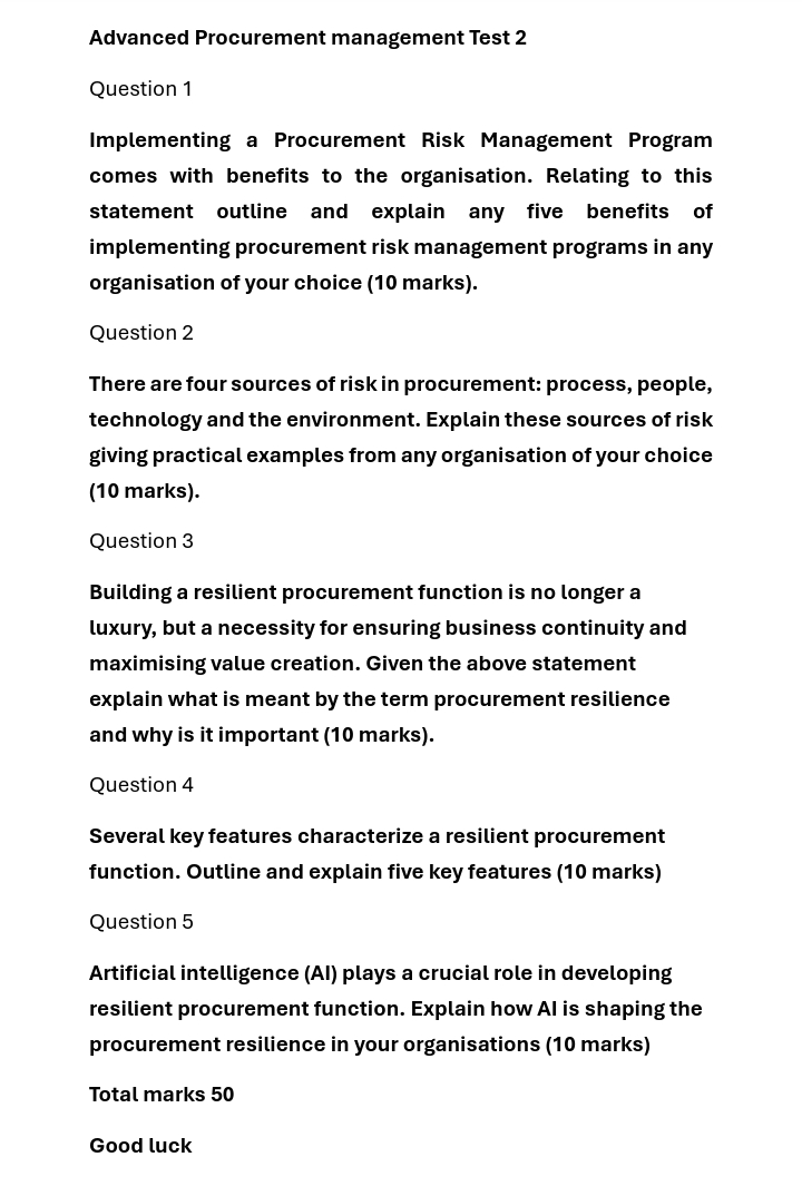  Advanced Procurement management Test 2 Question 1 Implementing a Procurement Risk