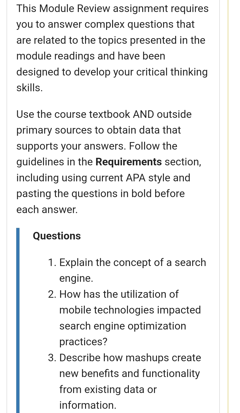  This Module Review assignment requires you to answer complex questions that