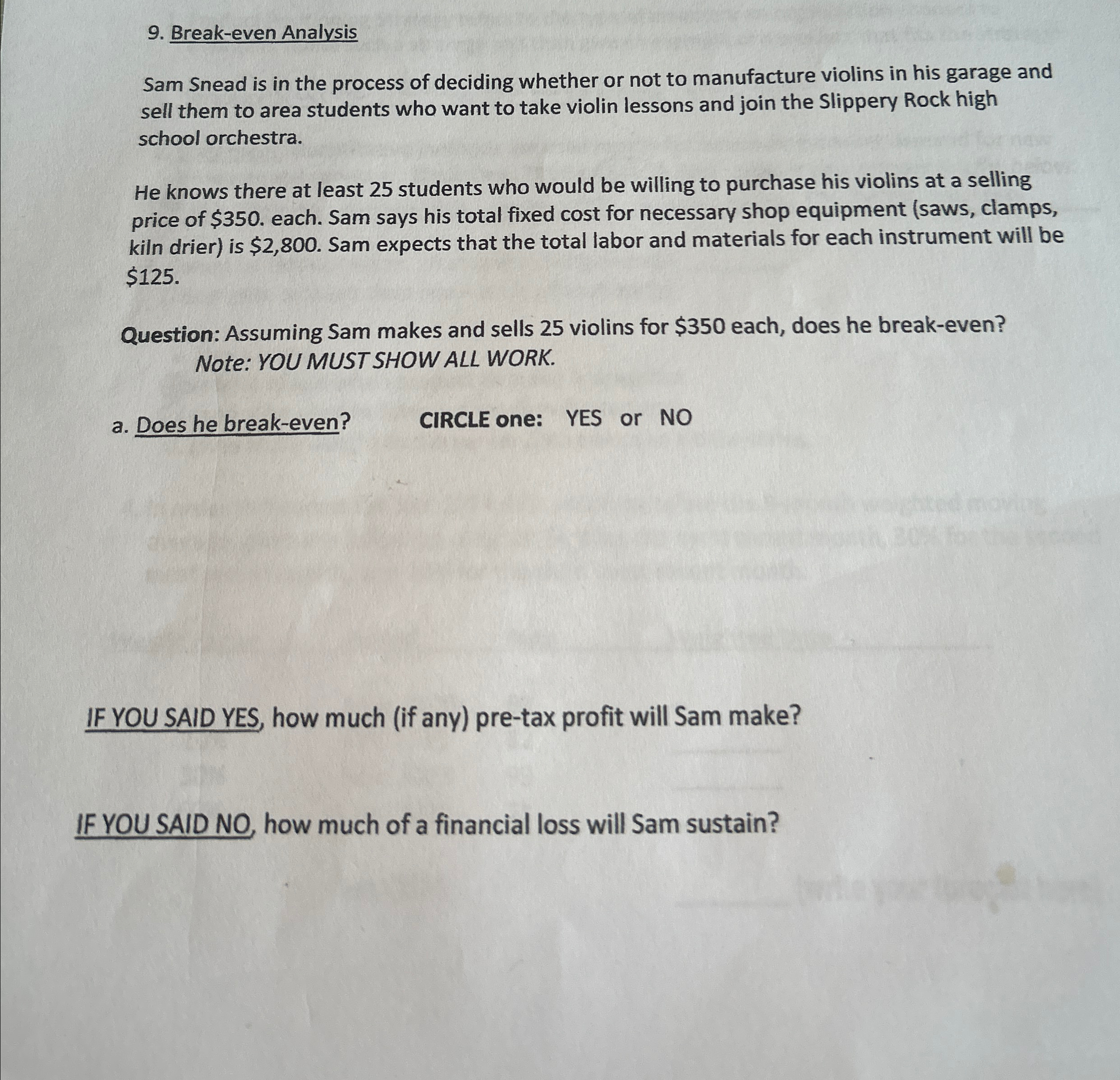  Break-even Analysis Sam Snead is in the process of deciding whether