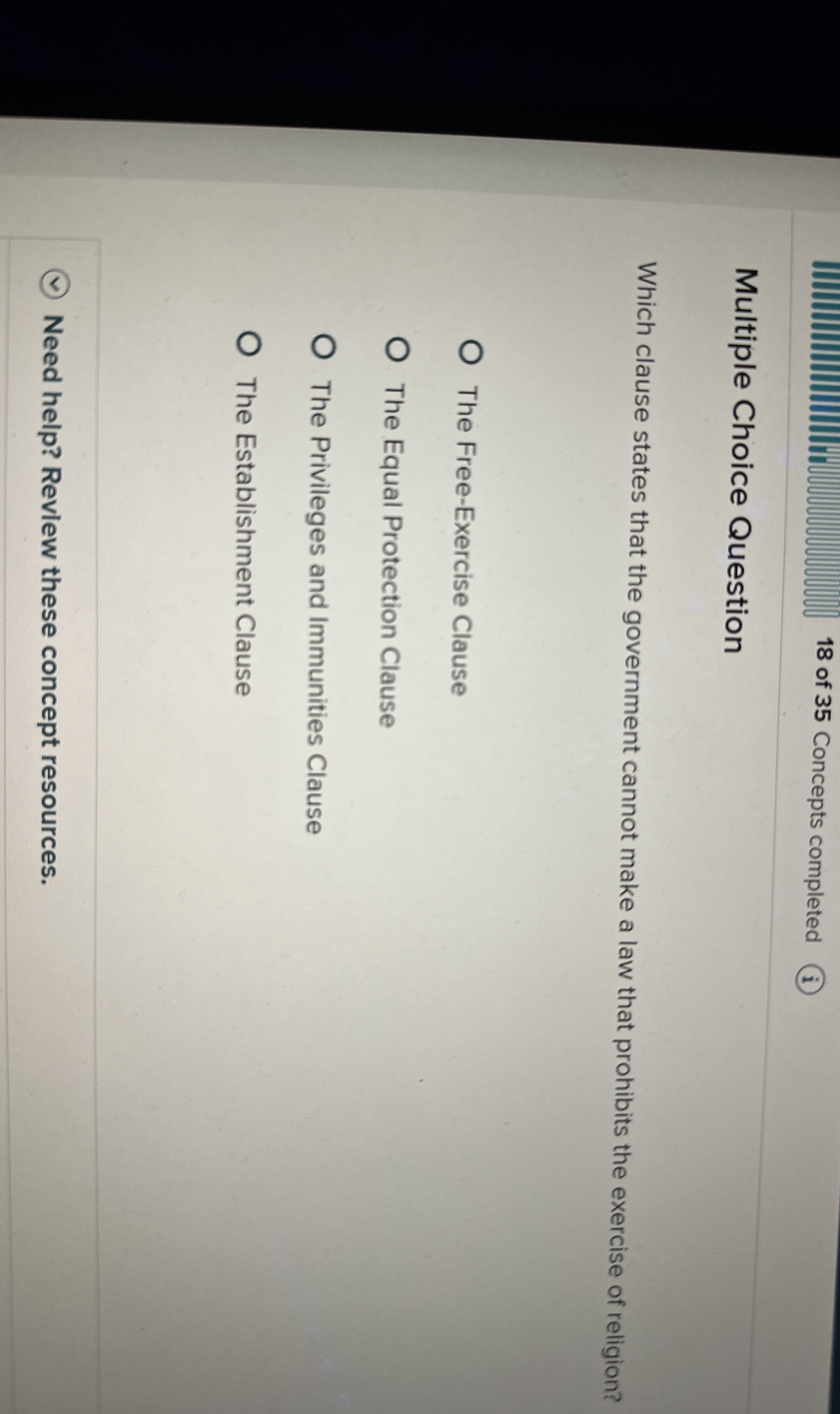  Multiple Choice Question Which clause states that the government cannot make