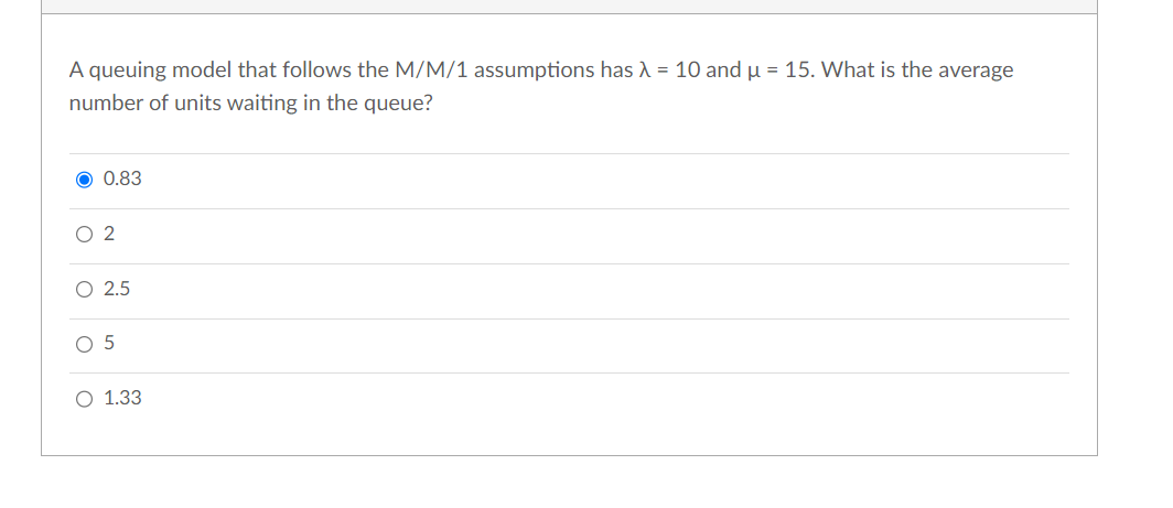  A queuing model that follows the MM?1 assumptions has =10 and