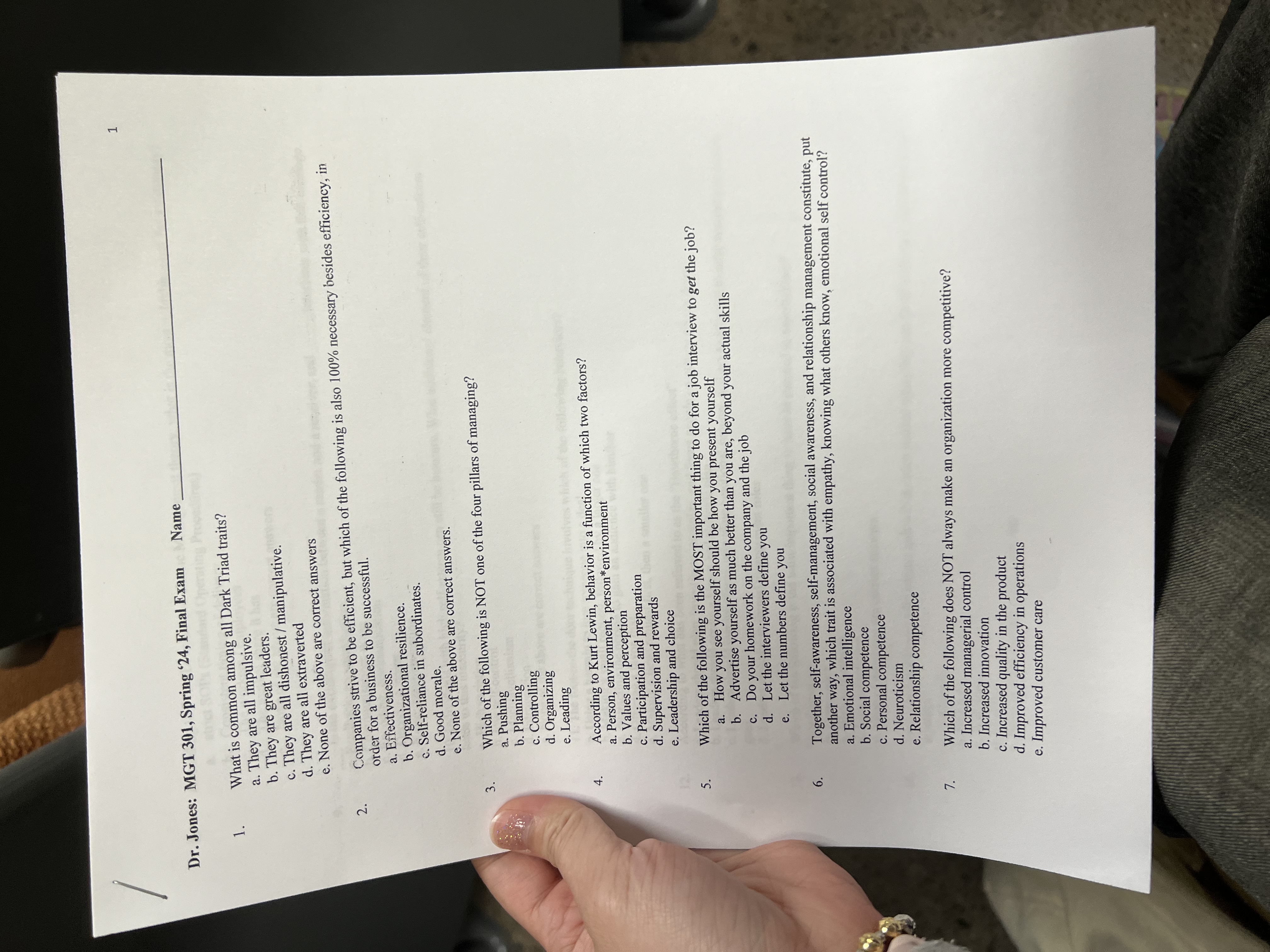  1 Dr. Jones: MGT 301, Spring '24, Final Exam Name q,