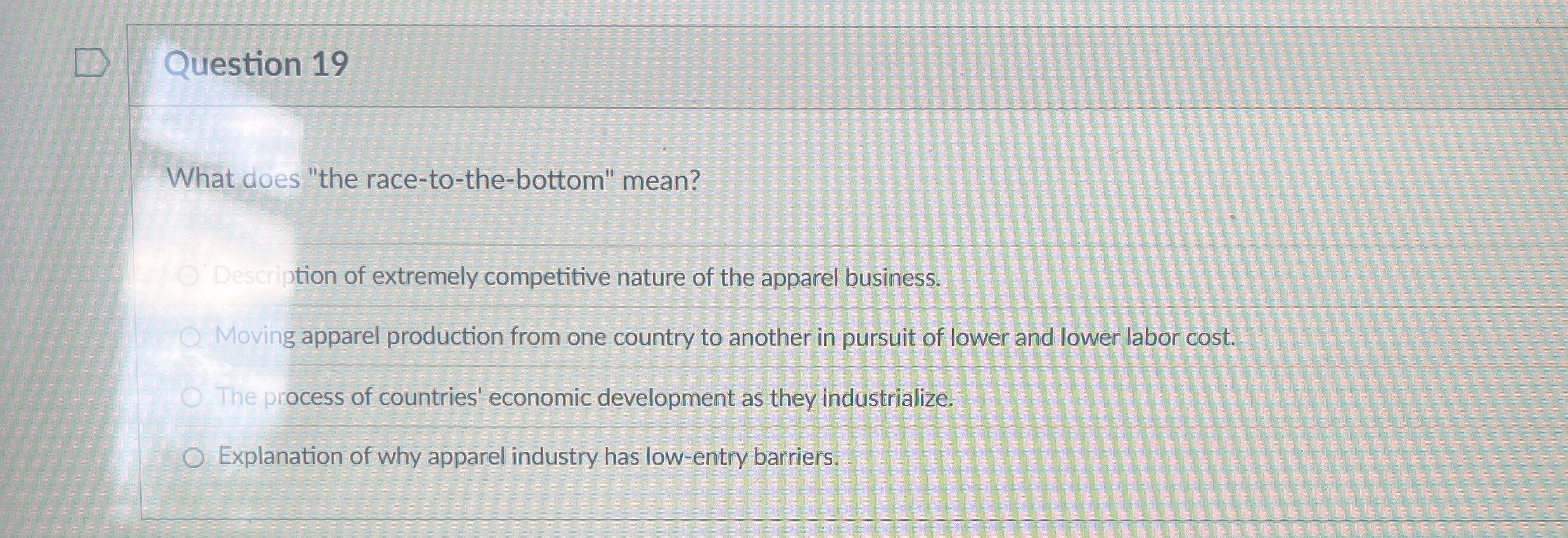  Question 19 What does "the race-to-the-bottom" mean? Description of extremely competitive