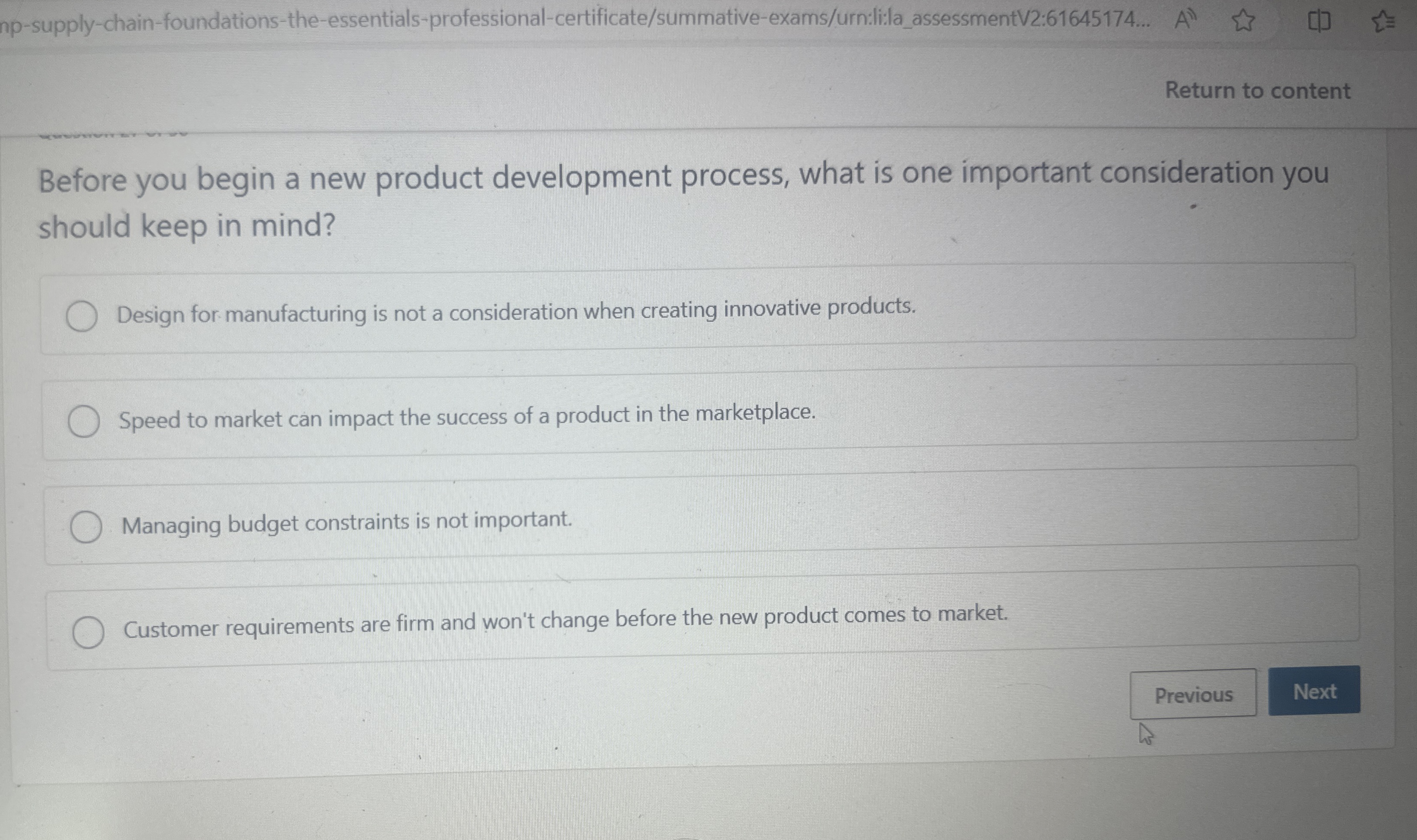  np-supply-chain-foundations-the-essentials-professional-certificate/summative-exams/urn:li:la_assessmentV2:61645174... Return to content Before you begin a new product development