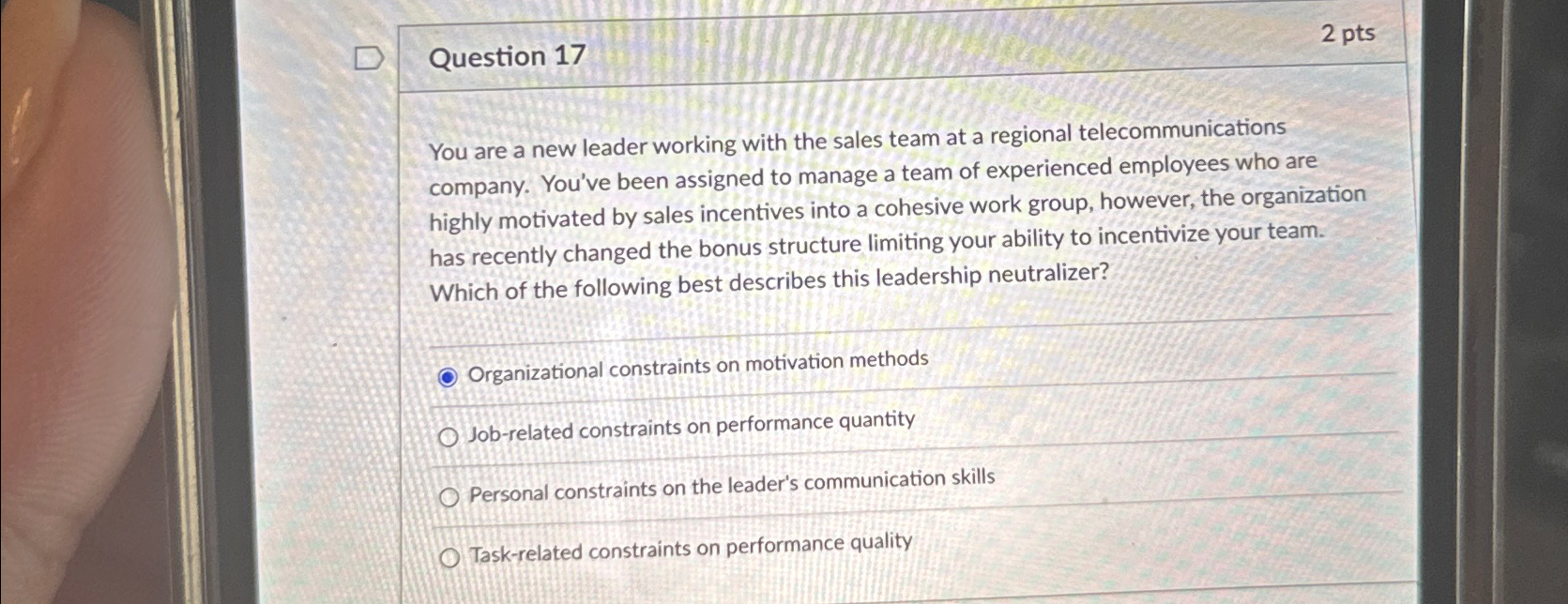  Question 17 2pts You are a new leader working with the