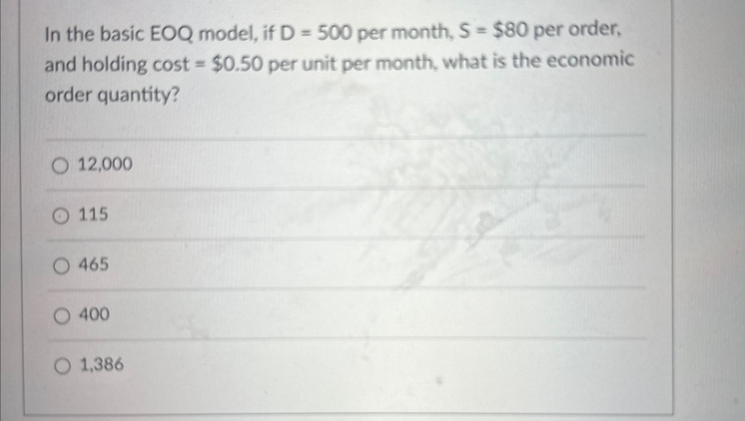  In the basic EOQ model, if D=500 per month, S=$80 per