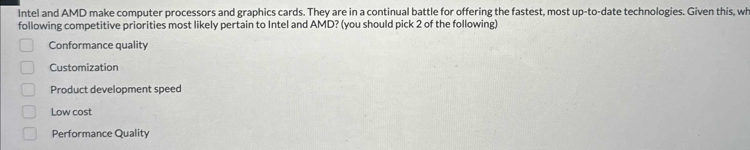  Intel and AMD make computer processors and graphics cards. They are