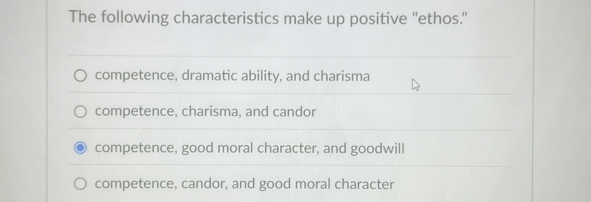  The following characteristics make up positive "ethos." competence, dramatic ability, and