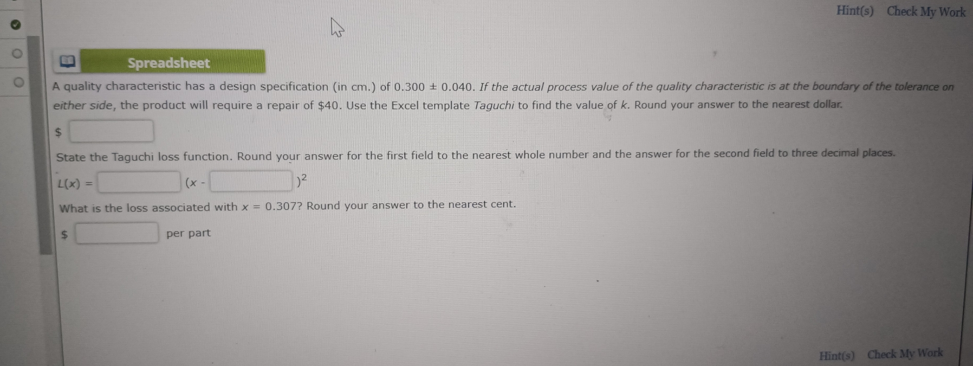  Spreadsheet A quality characteristic has a design specification (in cm .)
