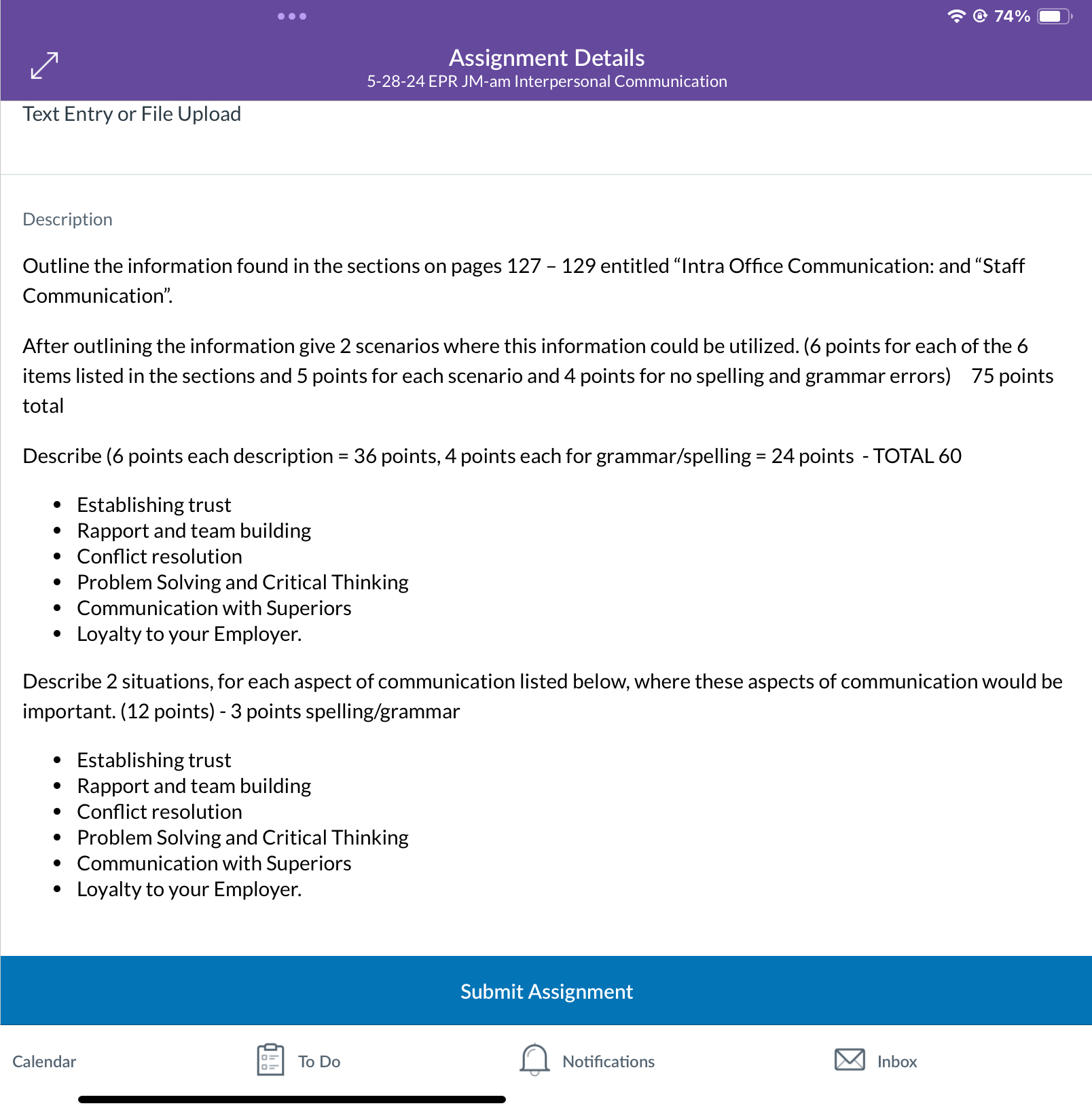  74% Assignment Details 5-28-24 EPR JM-am Interpersonal Communication Text Entry or