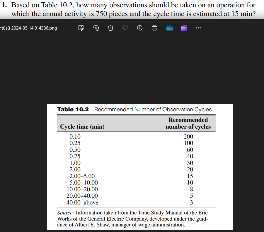 Based on Table 10.2, how many observations should be taken on