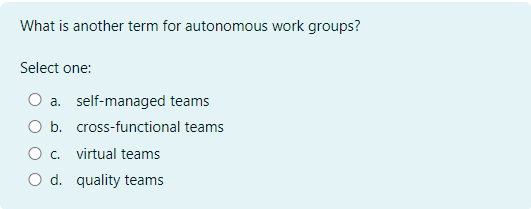  What is another term for autonomous work groups? Select one:a. self-managed